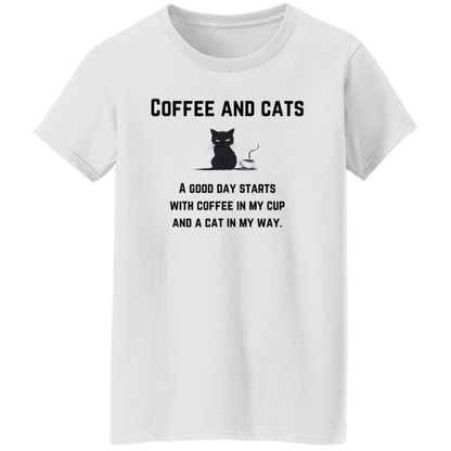 Coffee and Cats Print Crew Neck T-Shirt, Casual Short Sleeve T-Shirt For Spring & Summer, Women's Clothing